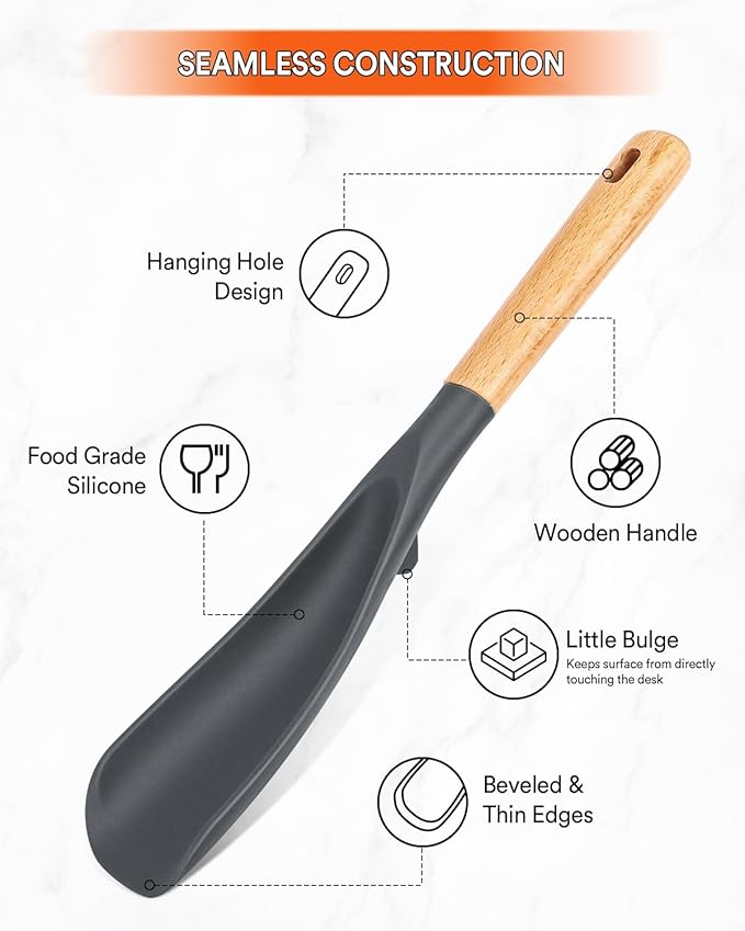 Cooking Spoon for Nonstick Cookwares, Great for Cooking and Serving Sturdy BPA-Free Matte Silicone, Wood Handle Spoon for Mixing, Scoop, and Scrape (GREY, 11.4 inch)