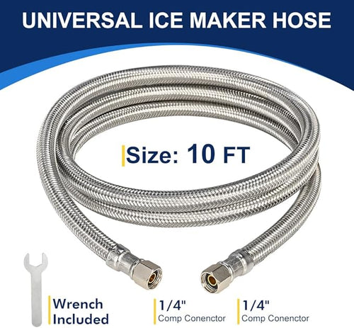 10ft Ice Maker Water Line Stainless Steel Braided – Flexible Refrigerator Water Supply Tube with 1/4" Quick Connect Fitting, Universal Fit