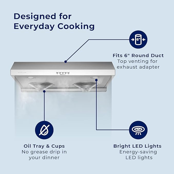Hauslane Range Hood 30" Under Cabinet | Vent Hood | Stainless Steel Quiet Hood Range Stove | 3 Speed Slim Kitchen Range Hood| Energy LED Lamps | Fits 6 Inch Round Ducts, Chef Series C100