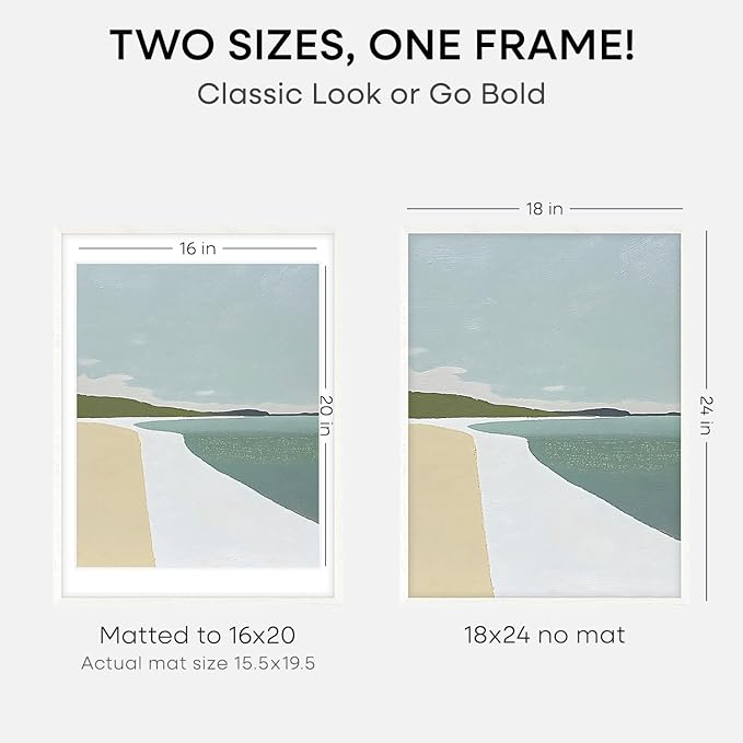 Homeforia 18 x 24 Poster Frame White, High End Oak 18x24 White Wood Picture Frame with Mat 16x20 Photo, 18 x 24 Wooden Frame Matted to 16 x 20, 24x18 Hanging Frames, Tempered Glass, Wall Kit, Set of 2