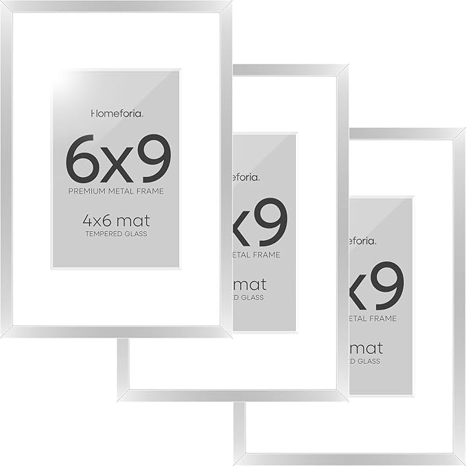 Homeforia Silver Photo Frame 6x9, High End Metal 6 x 9 Silver Picture Frames with Mat 4 x 6, 6by9 Desk Frame Matted to 4x6 inch Print, 6 by 9 Wall or Tabletop Frames, Tempered Glass, Wall Kit, Set of 3