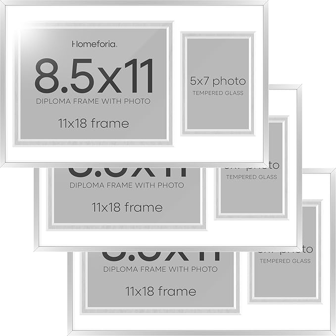 Homeforia 11x18 Silver Diploma Frame with Photo, High End Metal 11 x 18 Certificate Frame with Mat for 8.5x11 Diploma and 5x7 Picture, 18x11 Award Graduation Frames, Tempered Glass, Wall Kit, Set of 3