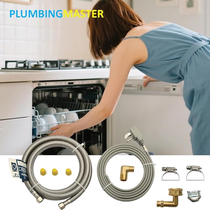 PLUMBERMASTER Dishwasher Installation Kit, 6ft Water Supply Line with with 3/8" x 3/8" Compression,3-Prong Straight Power Cord, Elbow Connectors&Adapters,Braided Stainless Steel Dishwasher hose Kit