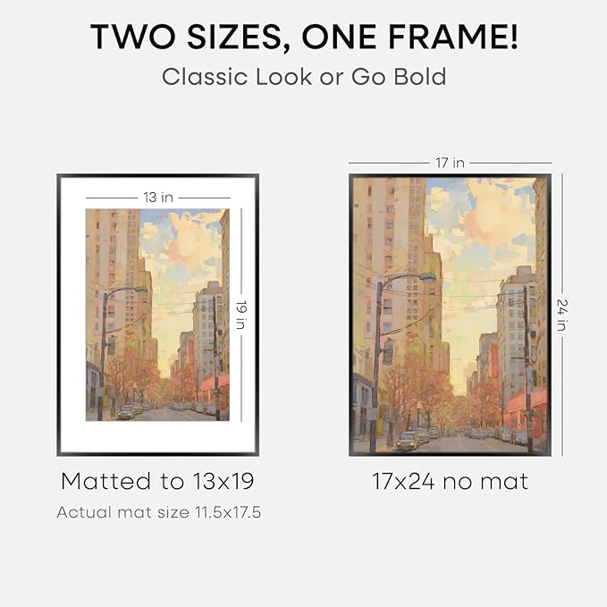 Homeforia 17x24 Picture Frame Black, High End Metal 17x24 Poster Frames with Mat 13x19 for Photo, 17 x 24 Black Frame Matted to 13 x 19 inch Print, 24x17 Thin Frame, Tempered Glass, Wall Kit, Set of 1