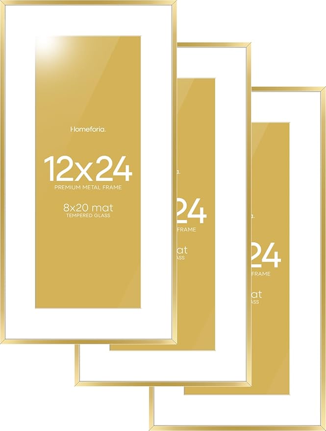 Homeforia 12x24 Picture Frame Gold, High End Metal 12x24 Poster Frames with Mat 8x20 inch Photo, 12 x 24 Gold Frames Matted to 8 by 20 Print, 24x12 Panoramic Frames, Tempered Glass, Wall Kit, Set of 3