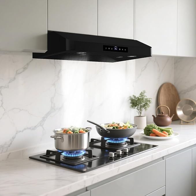 30 Inch Under Cabinet Range Hood,1200CFM Vent Hood with Powerful Suction,4-Speed Exhaust Fan,Stainless Steel Ducted Kitchen Hood Extractor with Led Lights,Smart Touch Panel,Black,15S-E30BK