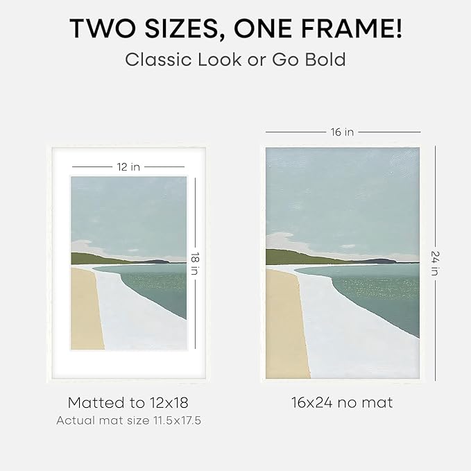 Homeforia White Picture Frame 16x24, High End Oak White 16x24 Frame with Mat 12x18 Photo, 16 x 24 Wooden Poster Frames Matted to 12 by 18, 24x16 Wood Hanging Frames, Tempered Glass, Wall Kit, Set of 3