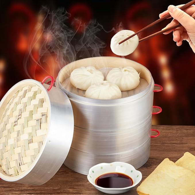 Steamer Basket Set with Aluminum Rim and Double Handles 20cm Mini Food Steamer for Dumplings and Vegetables for Home and Commercial Cooking