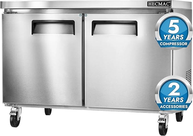 HECMAC 48" Commercial Refrigerator, 12.96 Cu.ft Worktop Undercounter Fridge with 2 Solid Door, 33~40℉, 18-8 Stainless Steel Interior, ETL&NSF/ANSI 7 for Restaurant, Bar, Shop, Kitchen Use