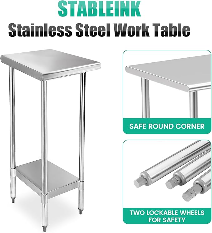 STABLEINK NSF Stainless Steel Table, 24 x 12 Inches Small Metal Prep & Work Table with Adjustable Undershelf, for Commercial Kitchen, Restaurant, Hotel and Garage