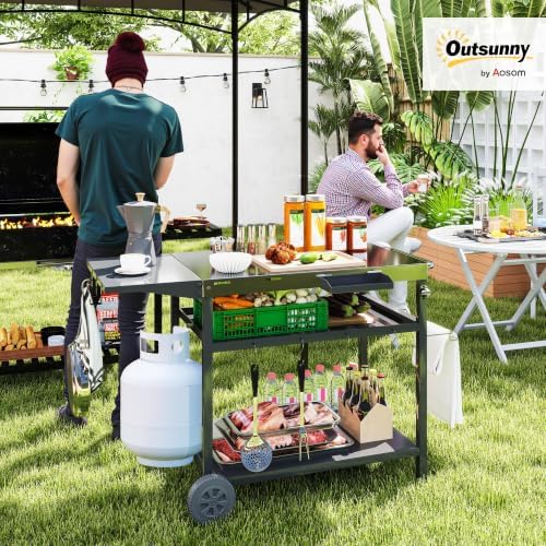 Outsunny Outdoor Grill Cart with Stainless Steel Tabletop, Wheels, Storage
