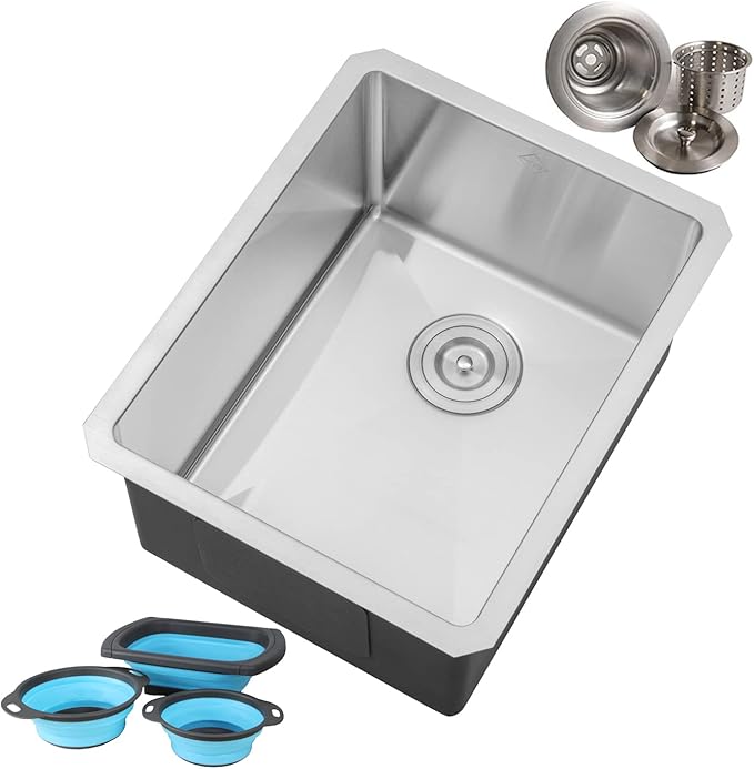 16 in. x 20 in. x 10 in. 16-Gauge Stainless Steel Undermount Single Bowl Bar Prep Kitchen Sink with Collapsible Colander Set and Strainer