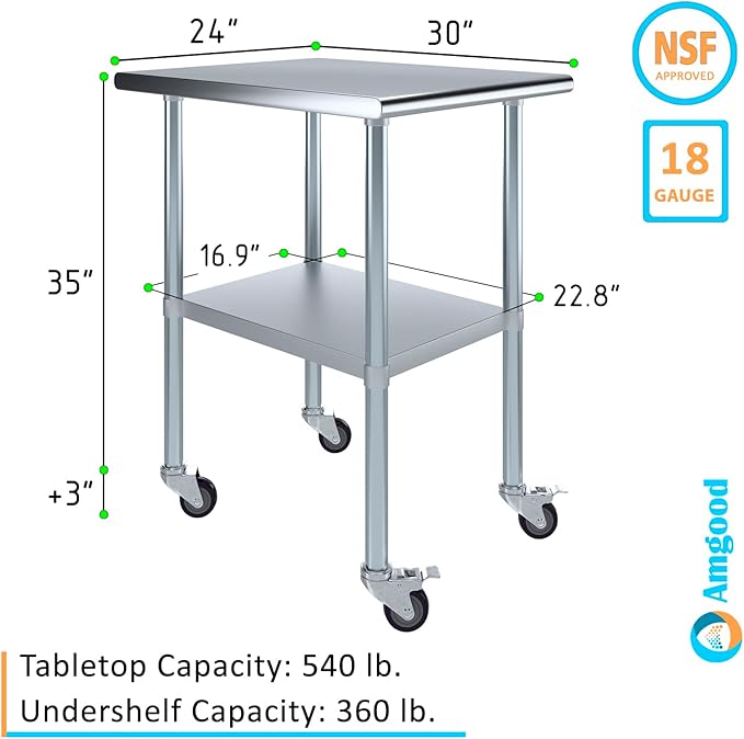 AmGood 24" Long x 30" Deep Stainless Steel Table with Casters