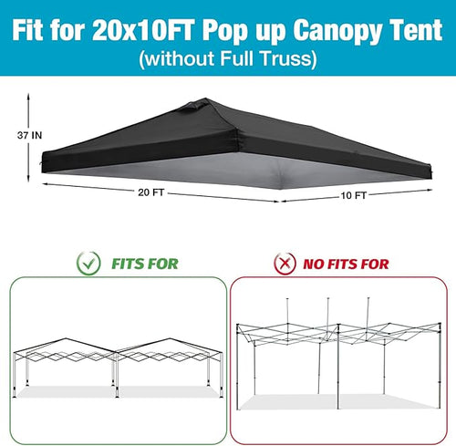 10x20 Canopy Replacement Top Cover with Air Vents for ez up Pop up Canopy Gazebo Tent, with Adjustable Strap, Waterproof & Anti-UV for Outdoor Shade (Frame Not Included) (Black)