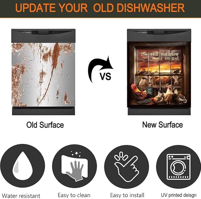 Farm Animal Dishwasher Magnet Cover - Be Still and Know That I am God Sticker Kitchen Decoration, Rooster Dishwasher Covers for Front, Farmhouse Magnetic Refrigerator Skin Panel Cover, 26"x17"