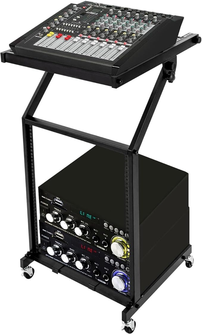 DJ Mixer Stand, 2-Layer Audio Device Rack with 4 Wheels, Audio Studio Mixer Stand for Homes Offices Stage Concert Studio Equipment Rolling Stage Cart (12U)