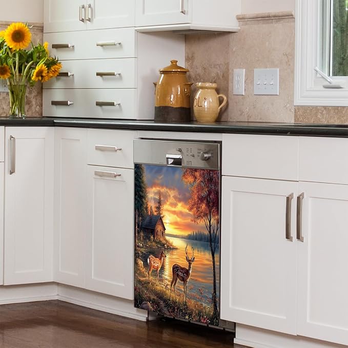 Sunset Deer Dishwasher Magnet Cover Animal Deer Front Dishwasher Cover Decoration Winter Reusable Magnetic Door Cover Forest Panel Decal Home Appliances Stickers Kitchen Refrigerator Fridge 23"x 26"