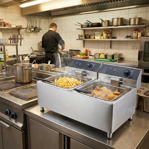 11L Electric Deep Fryer, 1700W Dual Basket Max/Min Oil Mark & Drain Valve, Heavy Duty for Fried Chicken French Fries