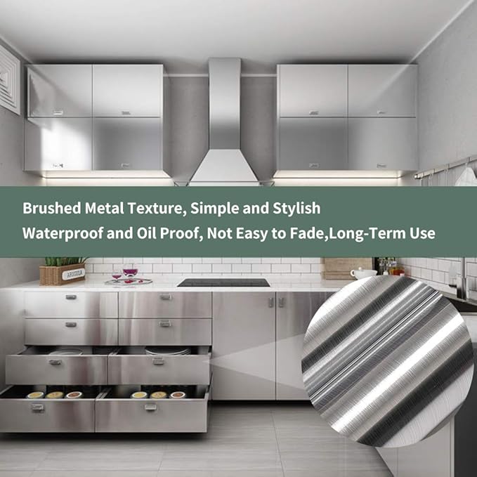 Hopepak Stainless Steel Contact Paper Peel and Stick Waterproof Silver Metallic Wallpaper Self Adhesive Removable Vinyl Roll for Kitchen Cabinet Refrigerator Dishwasher Countertop 17.3''x78.7''