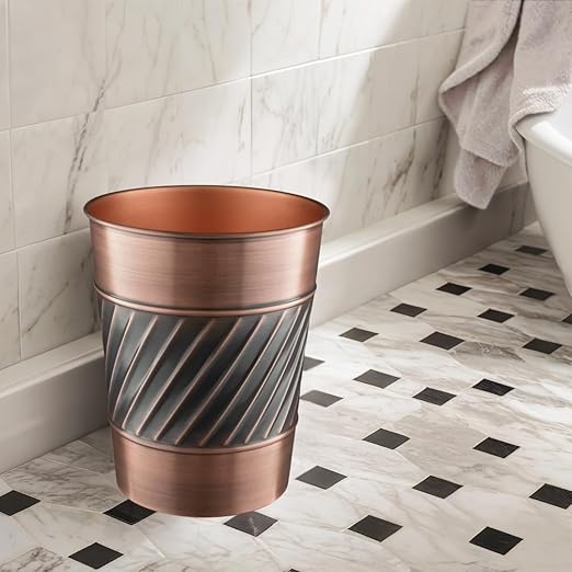 Monarch Abode Metal Bathroom Trash Can – Waste Basket for Bedroom, Office Desk, & Dorm, Handcrafted Wave Embossed, Durable Decorative Antique Copper Small Trash Can Bathroom Garbage Bin Wastebasket