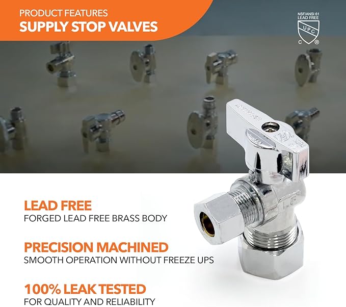 Stainless Steel Toilet Connection Kit - Braided Water Hose, 3/8" Compression x 7/8" Metal Ballcock, 12" Length (5Pack) + Supply Stop Valves, 5/8" x 3/8" Compression (5Pack)