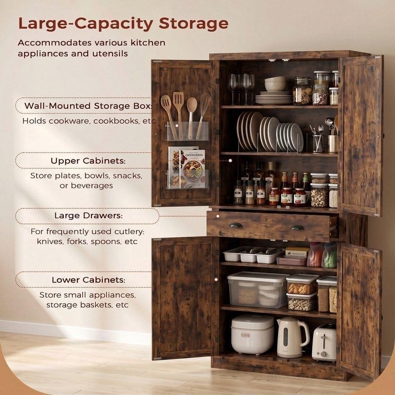 IRONCK 72.6" H Farmhouse Kitchen Pantry with Drawer, Vintage Brown
