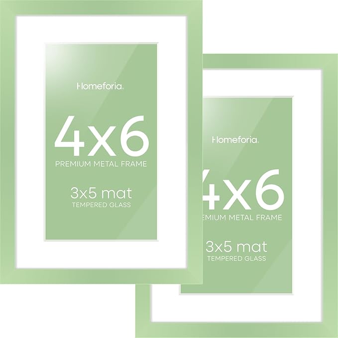 Homeforia Sage Green 4x6 Picture Frame, High End Metal 4 x 6 Frames with Mat 3 x 5 for Print, 4by6 Desk Frame Matted to 3x5 in Photo, 4 by 6 Wall or Tabletop Frames, Tempered Glass, Wall Kit, Set of 2
