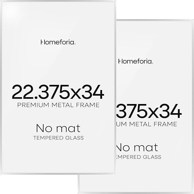 Homeforia 22.375x34 Silver Puzzle Frame, High End Metal 22.375 x 34 Picture Frames without Mat, 34x22.375 Thin Poster Frame for Wall, 22.375by34 Puzzle Print Frames, Tempered Glass, Wall Kit, Set of 2