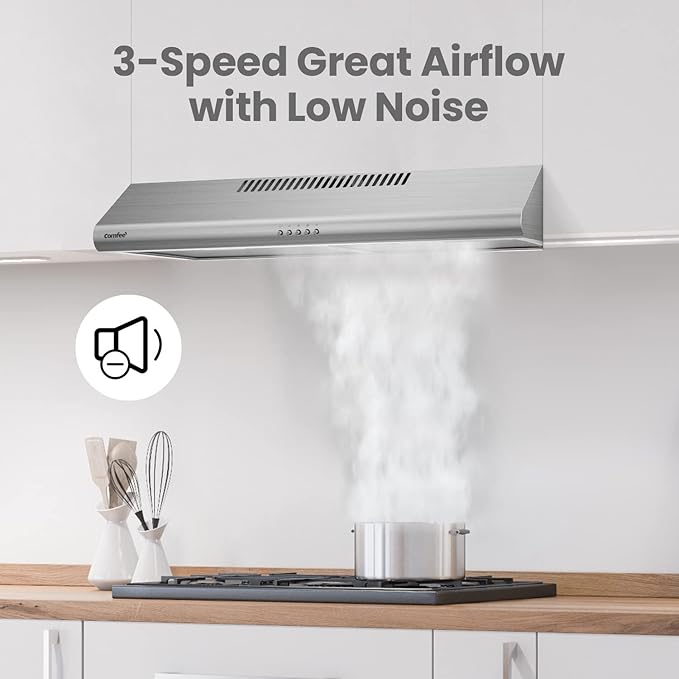 Comfee CVU30W4AST 30 inch Under Cabinet Ducted/Ductless Convertible Slim Vent Durable Stainless Steel Kitchen Reusable Filter, 3 Speed Exhaust Fan and 2 LED Lights Range Hood, 2.0 Version