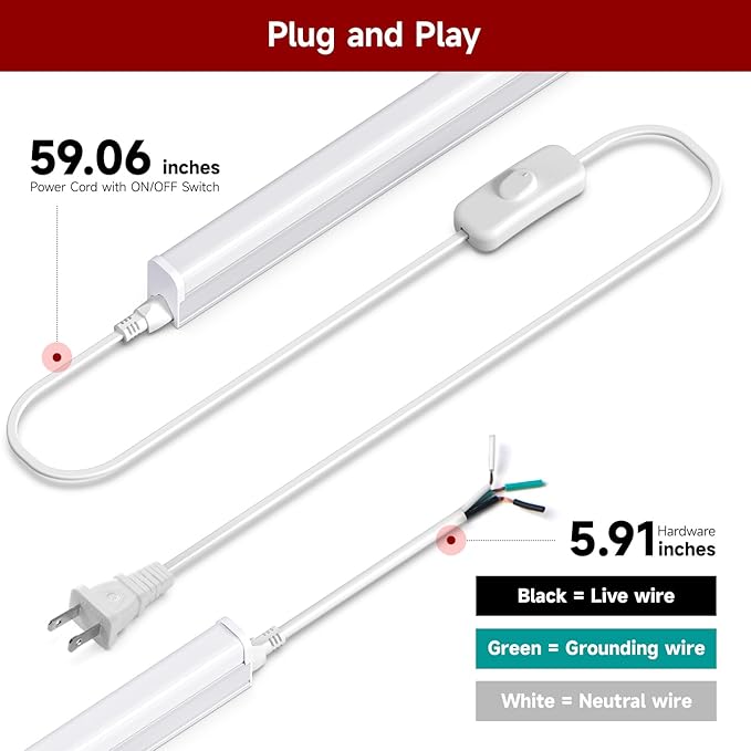 8 Pack T5 LED Shop Light, 3FT, 15W, 5000K 1800LM, Linkable Utility Fixture for Under Cabinet, Kitchen, Garage, Basement, Workshop Lighting, Easy Installation, Plug & Play