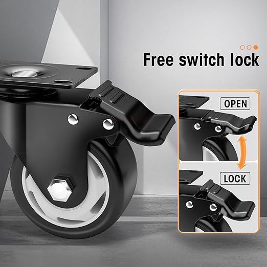 Casters, 3" Caster Wheels，Casters Set of 4 Heavy Duty - ASRINIEY Black Polyurethane Castors, Top Plate Swivel Wheels, 4-Pack Industrial Casters with Brake, Locking Casters for Furniture and Workbench