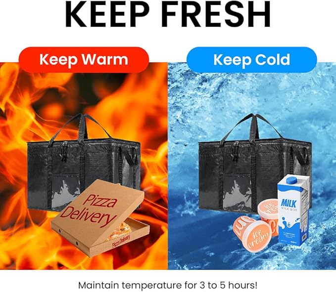 NZ home Insulated Bags for Food Delivery (3XL PRO) Grocery Shopping Cooler Bag, Pizza Delivery, Hot & Cold Catering Tote, Reusable, Foldable & Heavy Duty (Black)