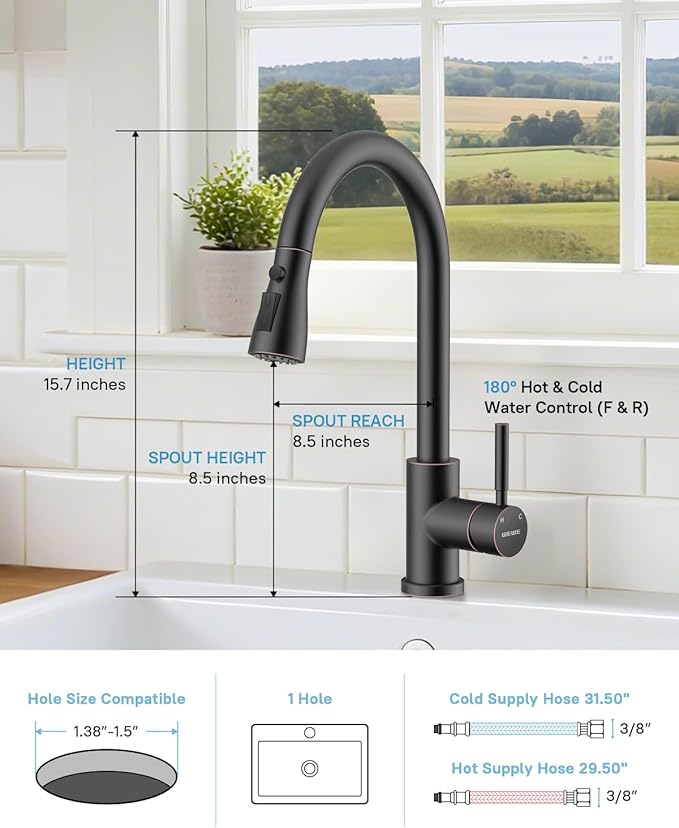 WEWE Kitchen Faucet with Pull Down Sprayer and Soap Dispenser, Stainless Steel Kitchen Sink Faucets, 3-Mode High Arc Single Handle Faucet for RV Farmhouse, Oil Rubbed Bronze