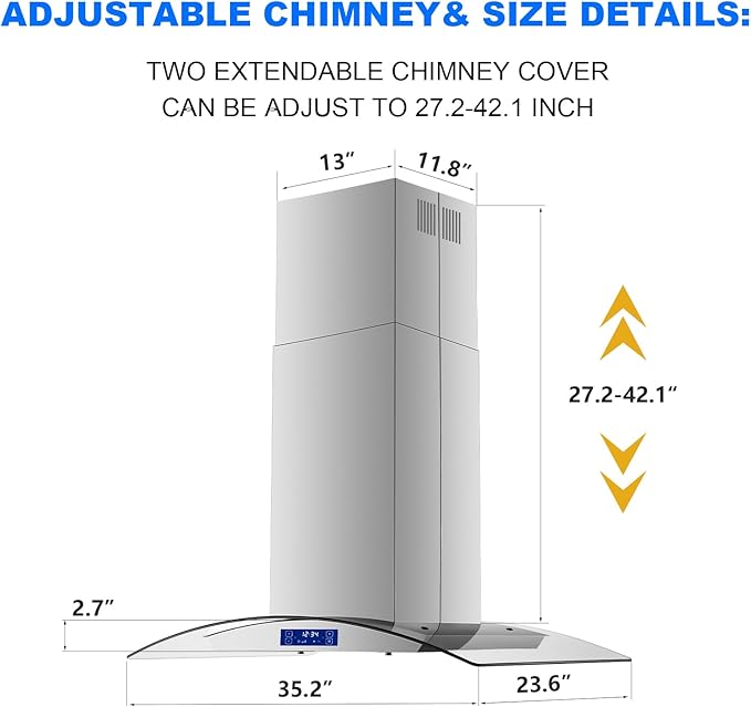 36 Inch Island Range Hood 700CFM Gesture & Touch Control Ceiling Mount Stainless Steel Ducted/Ductless Convertible, Ceiling Mount Vent Hood, Baffle Filter Exhaust Fan Extractor