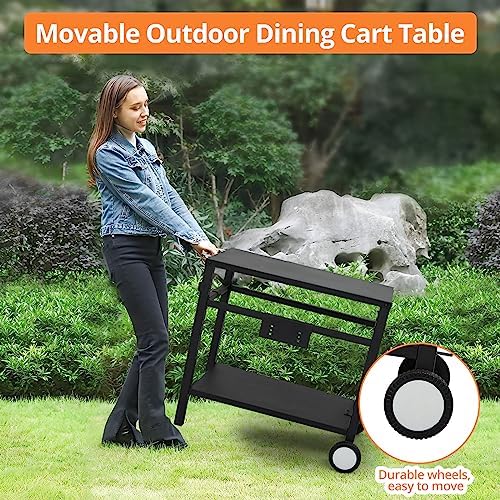 Dining Cart,Outdoor Grill Cart with Double-Shelf,with 4 Hooks, Side Handle,Wheels,Cooking Table for Outdoors, Kitchen or Backyard Patio, Movable BBQ Trolley,Multifunctional and Commercial (Black)