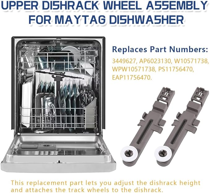 [Upgraded] W10571738 Dishwasher Upper Dishrack Adjuster and Wheel Assembly fit for Maytag/Whirlpool Dishwashers, Replace WPW10571738, 3449627, AP6023130, PS11756470 (4 Pack)