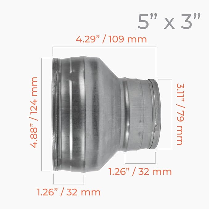 5" to 3" Inch Round Duct Reducer - Galvanized Steel Pipe Increaser - Coupling for Round Duct Ventilation Systems - Heating & Cooling, HVAC