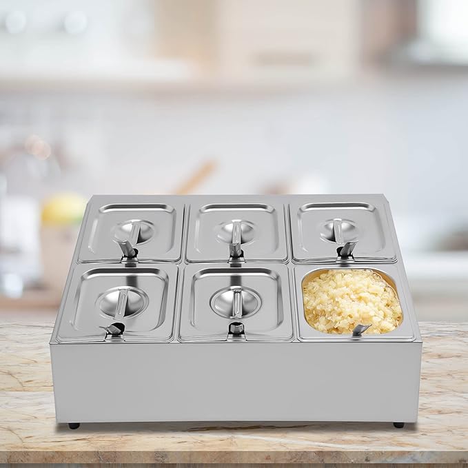 Pizza Topping Station Organizer Condiment Container Dispenser with 6 1/6 Pans& Lids, Stainless Steel Seasoning Food Containers Spice Rack Shelf Holder for Ingredients Sauce Salad Jam Fruits