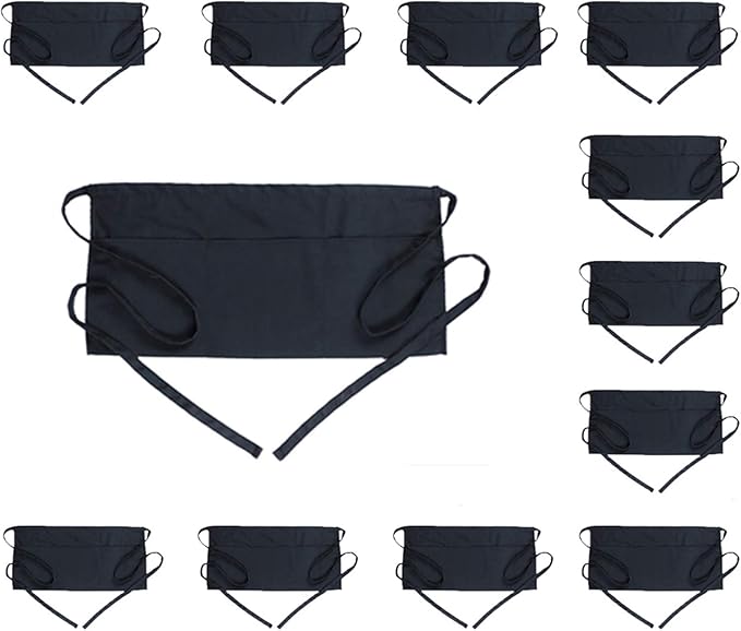 BOHARERS Waist Apron with 3 Pockets - Black Waitress Waiter Server Short Aprons