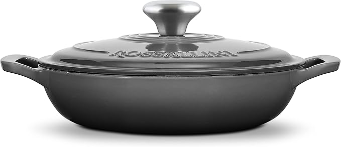 Signature Enameled Cast Iron Braiser, Non-Stick Serving Pot with Tight Fitting Lid for Perfect Roasting, Baking, Sauteing, Searing, and Pan Frying | 5Q (4.7L) - Oyster Grey
