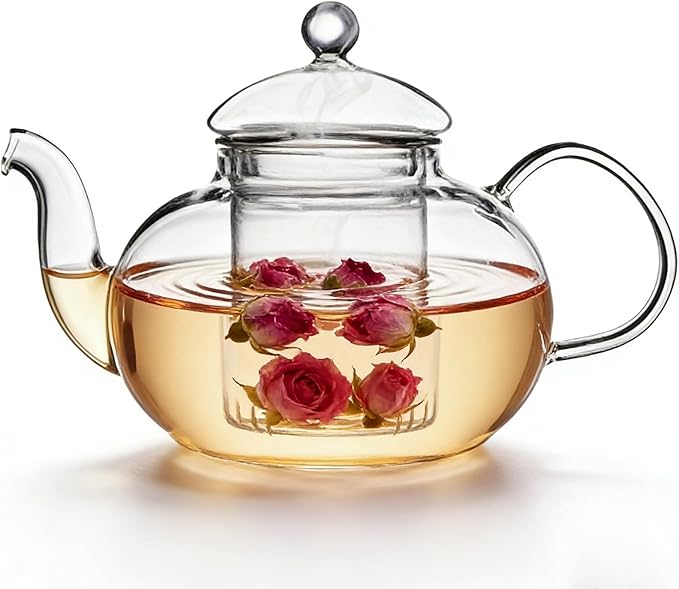 600ml(20.3oz) Borosilicate Glass Teapot with Removable Glass Infuser, Stovetop Safe Clear Tea Kettle for Blooming and Loose Leaf Tea