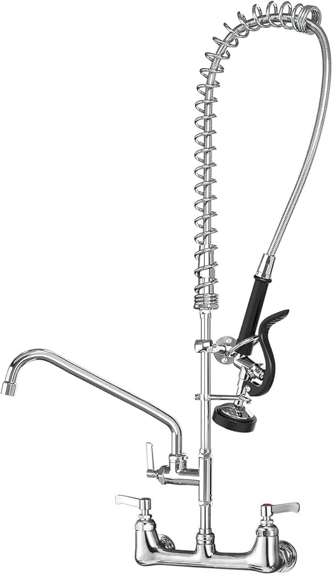 Commercial Faucet with Sprayer for Kitchen Staff: 43 Inches Commercial Faucet Pre Rinse Sprayer 8 inch Center Wall Mount Kitchen with 12 inch Add on Spout