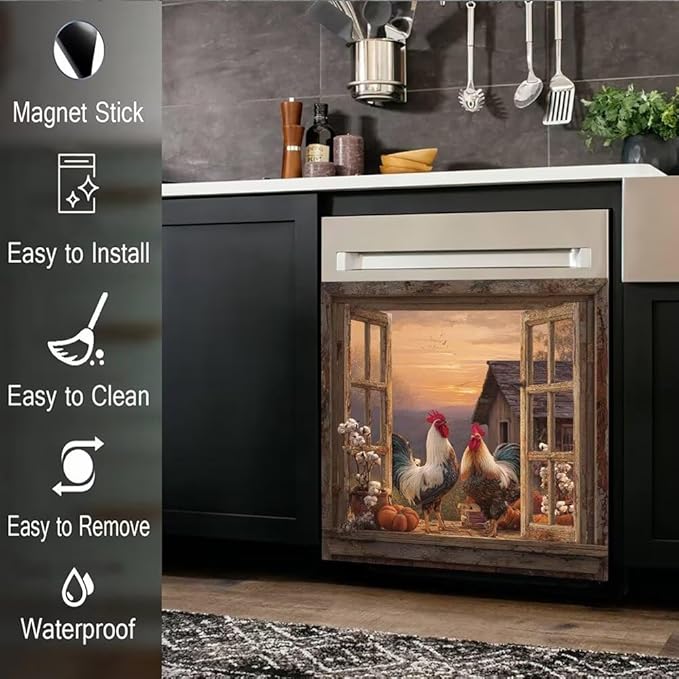 Farm Rooster Magnet Dishwasher Covers, Country Chicken Dishwasher Magnet Cover for Front, Hen Fridge Decal Cotton Flower Magnetic Refrigerator Sticker Kitchen Decorative, 23"X26"