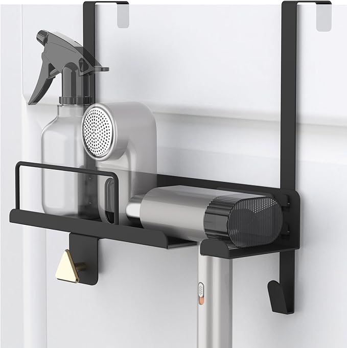 Handheld Garment Steamer Stand with Ironing Gloves Universal Organizer Wall Mounted/Over the Door Free-Standing Metal Holder Bathroom Storage DIY Cabinet Door Heat Safe Rack (Black)