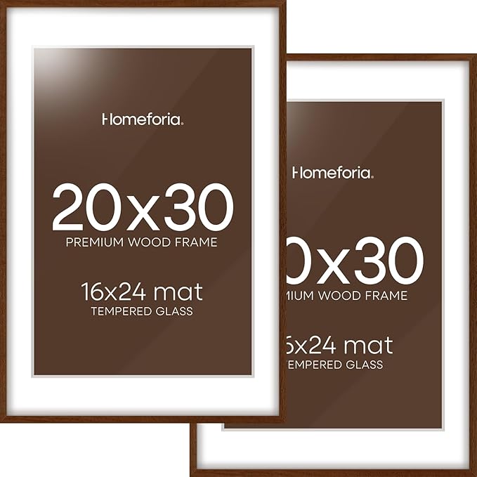 Homeforia 20 x 30 Walnut Frame, High End Dark Oak 20x30 Wooden Poster Frames with Mat 16x24, 20 x 30 Brown Wood Picture Frame Matted to 16 x 24, 30x20 Hanging Frame, Tempered Glass, Wall Kit, Set of 2