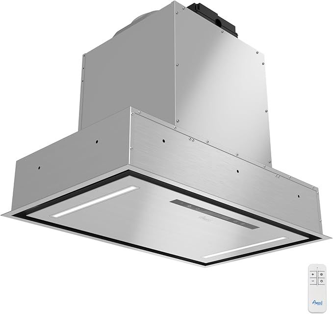 Awoco 30”W Flush Ceiling Mount Insert Island Range Hood, Stainless Steel 4 Speeds 1000 CFM, 8” Round Vent LED Lights Remote Control (30" 8" Vent)