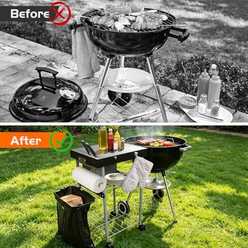 2-in-1 Grill Cart & Prep Table with Storage Shelves for Weber 22" & 18" Kettle Grills, Small Hook-On Grill Side Table, Grill Stand for Blackstone 17" Griddle for Ninja Woodfire Pitboss 150 Series
