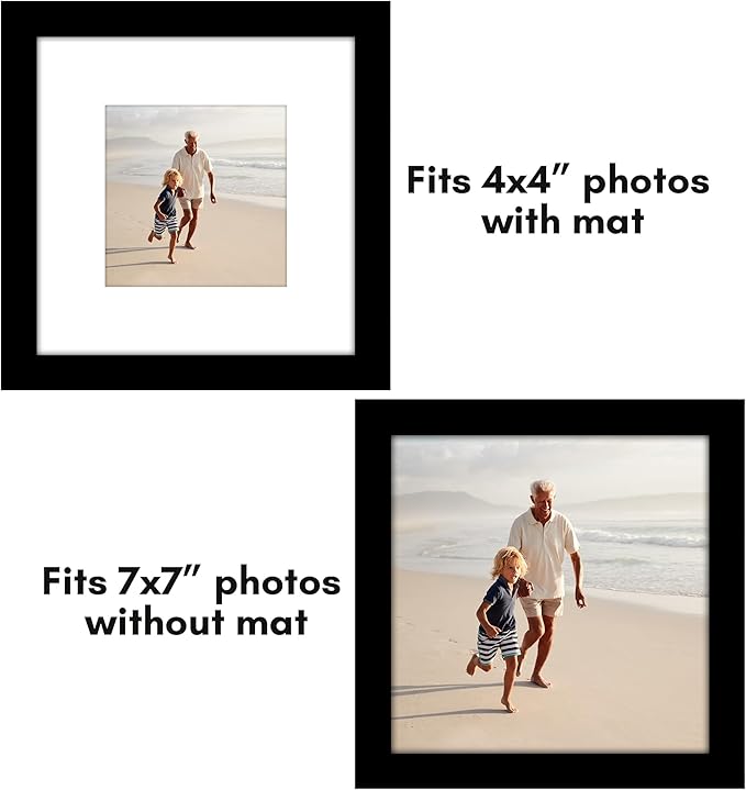 Americanflat 7x7 Picture Frame with Polished Plexiglass - Set of 5 - Use as 4x4 Frame with Mat or Display 7x7 Photo Without Mat - Galleria Collection - Square Frames for Tabletop and Wall - Black