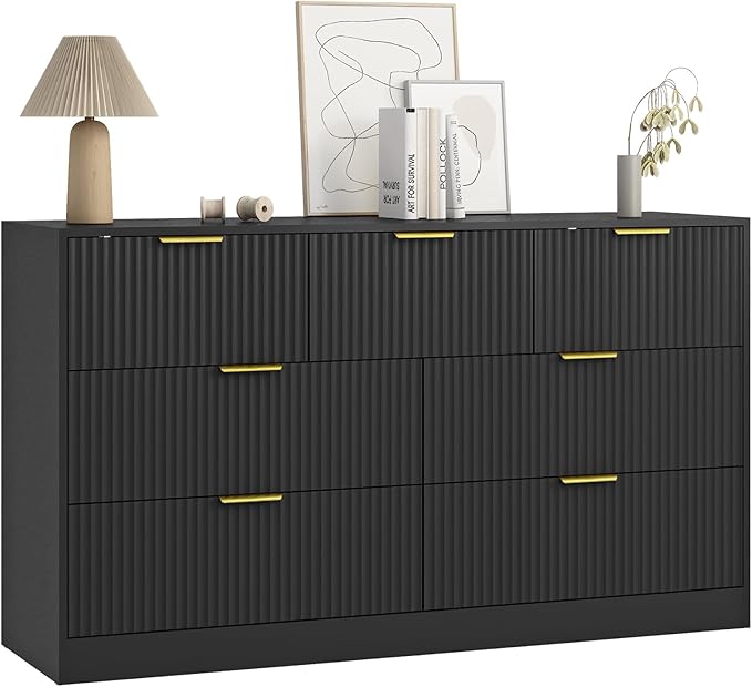 7 Drawers Dresser for Bedroom,55" Wide Fluted Dresser with Deep Drawers, Modern Chest of Drawers, Wood TV Stand Storage Organizer for Closet, Living Room, Hallway, Black