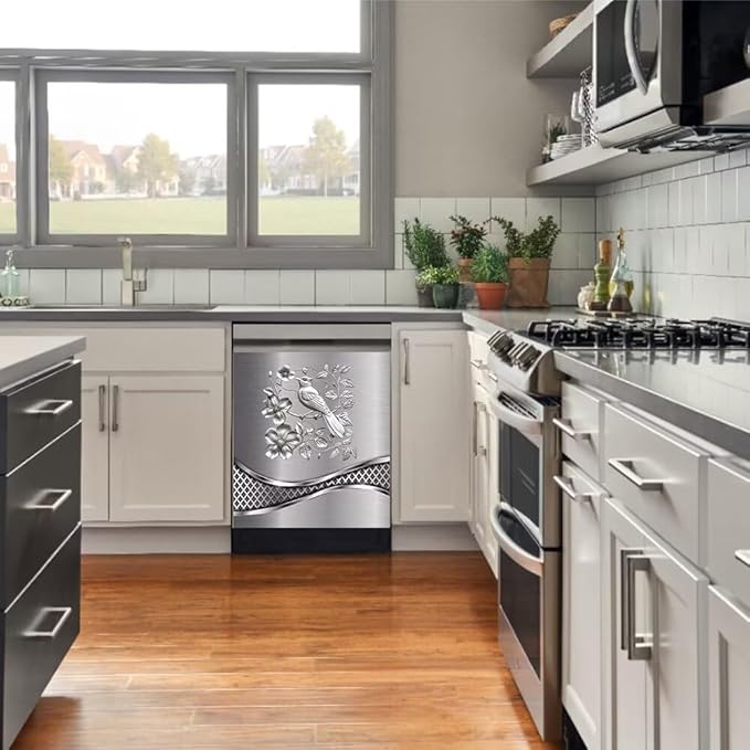Imitation Stainless Steel Design Bird Wallpaper Dishwasher Cover Magnetic Sticker Refrigerator Door Panel Cover Fridge Appliance Magnet Decal Sheet 23x17 inch